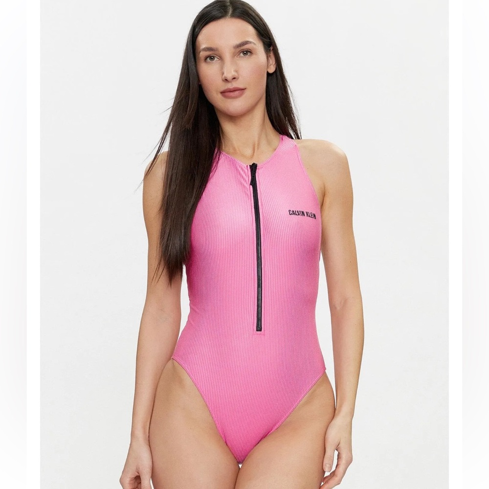 Calvin Klein One Piece Highneck Zip Front Swimsuit. Pink. Size Small